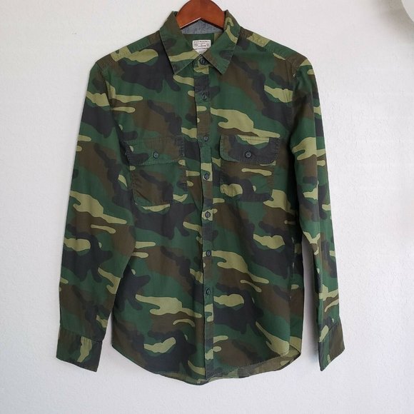 J Crew Shirt Men Size Small Green Camouflage Camo Long Sleeve Button-up Pocket